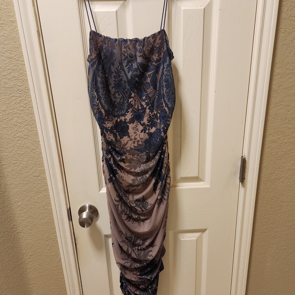Elegant Blue and Tannish Floral Dress